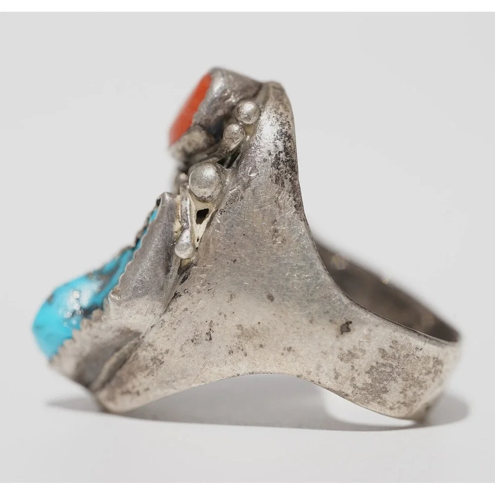 Old Pawn‎ Navajo Native American Indian Sterling Silver Coral Turqiouse Ring