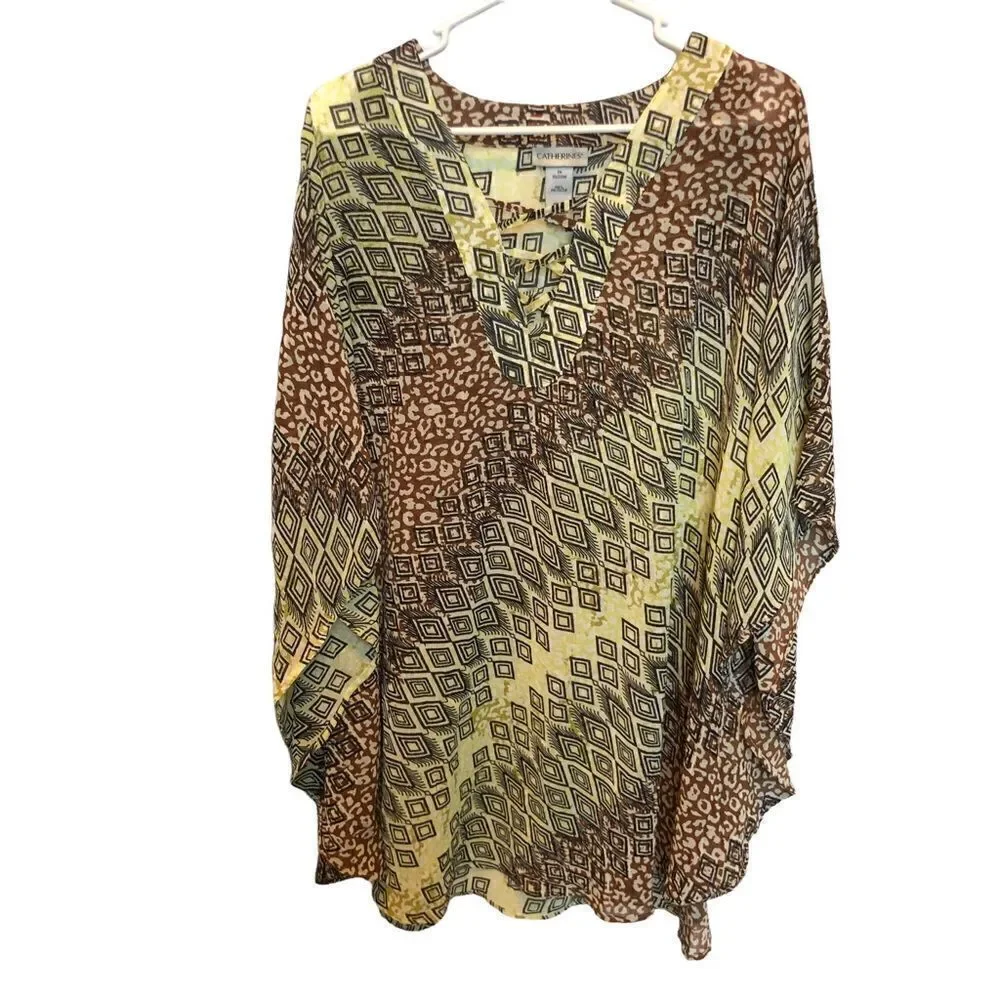 Catherines Tunic Blouse light weight, black yellow and brown print v-neck 1X