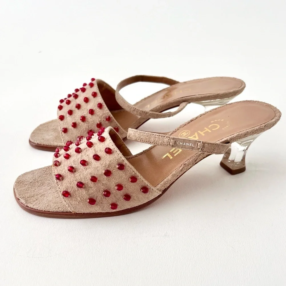 CHANEL | Vintage Y2K Tan Suede Red Embellished Mule Lucite Kitten Heel Sandal