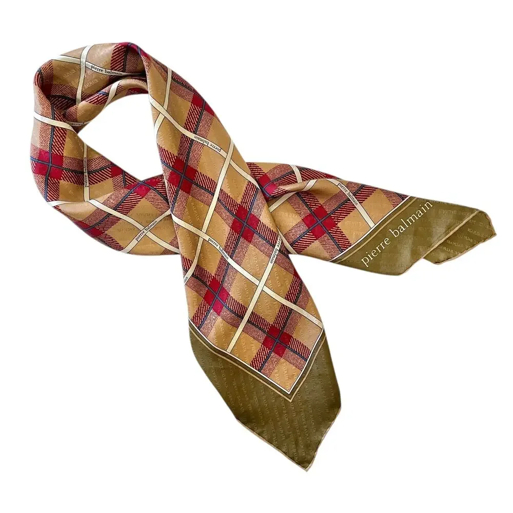 Vintage Pierre Balmain Jacquard Silk Tartan Plaid Print Square Scarf 31