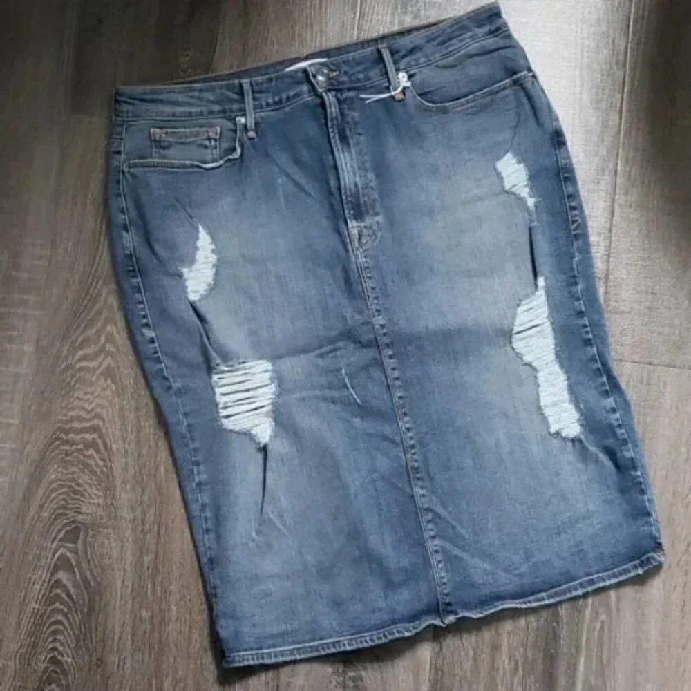 Good American high waisted Denim Midi Pencil Skirt
