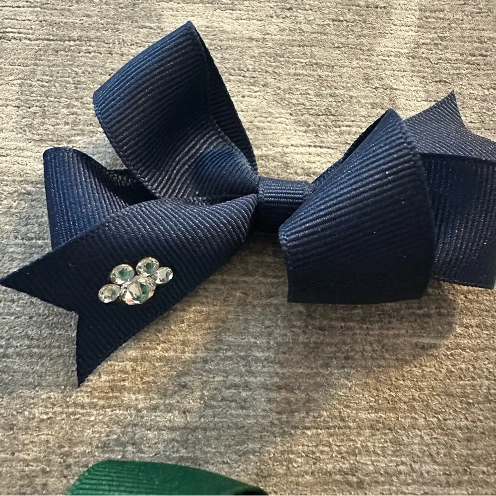Hair Bows Navy & Green w paw print rhinestone embellishments