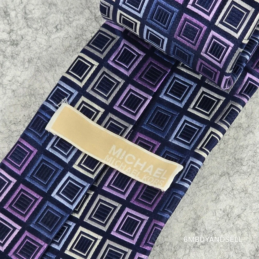 Michael Kors Mens‎ Silk Tie Navy Blue Purple Geometric Square Pattern RN 121148