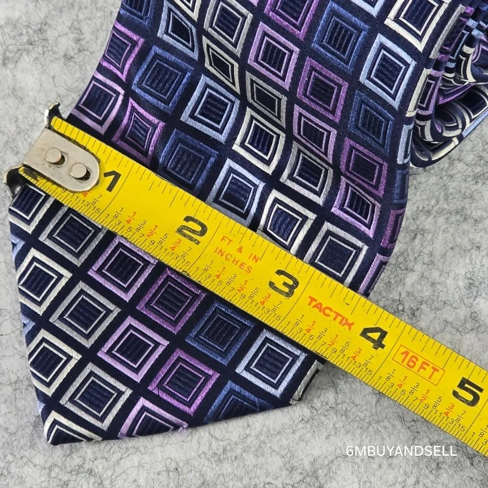 Michael Kors Mens‎ Silk Tie Navy Blue Purple Geometric Square Pattern RN 121148
