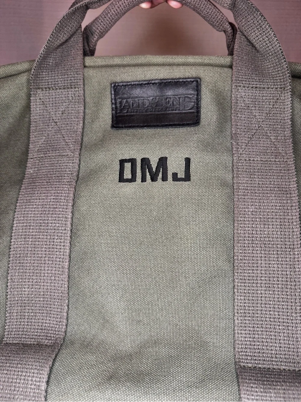 Lands’ End Messenger Bag Green Canvas Embroidered DMJ Laptop Bag 17x13