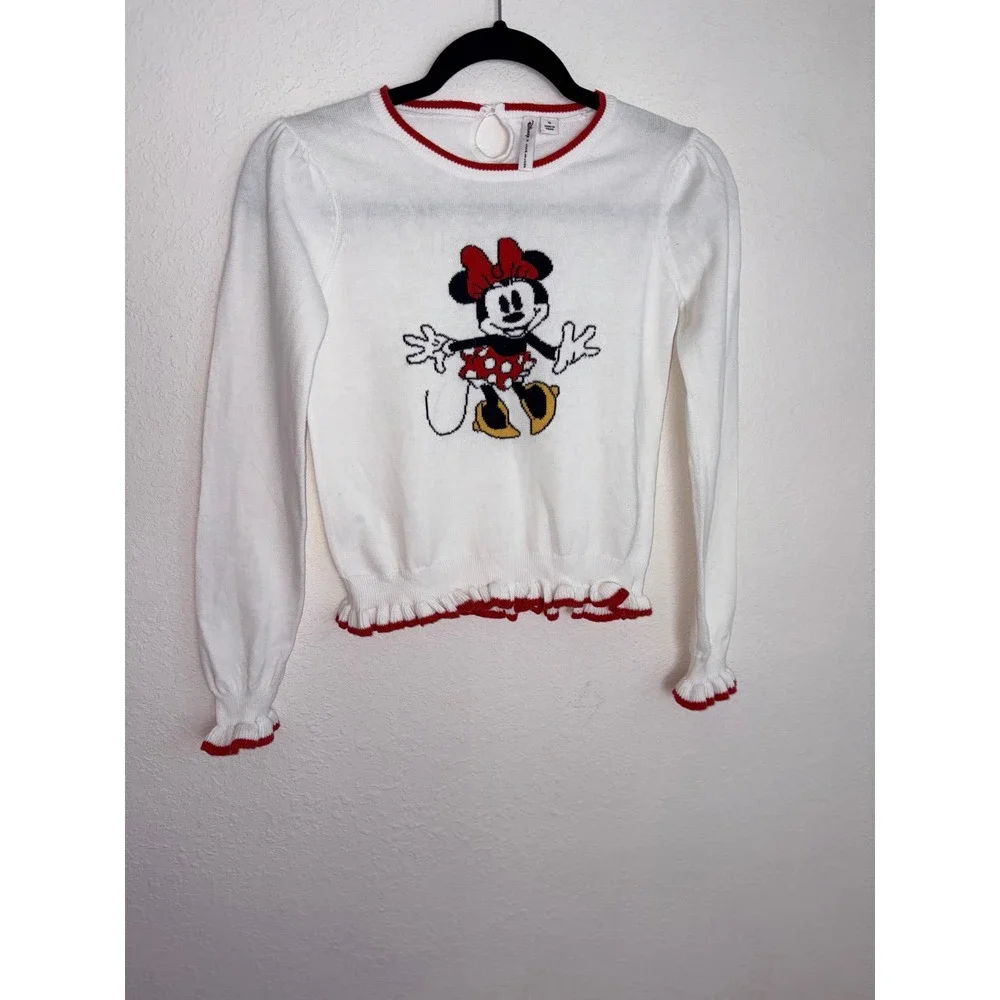 Disney x Janie and Jack Minnie Mouse Sweater age 12 White Excellent Ruffle Trim