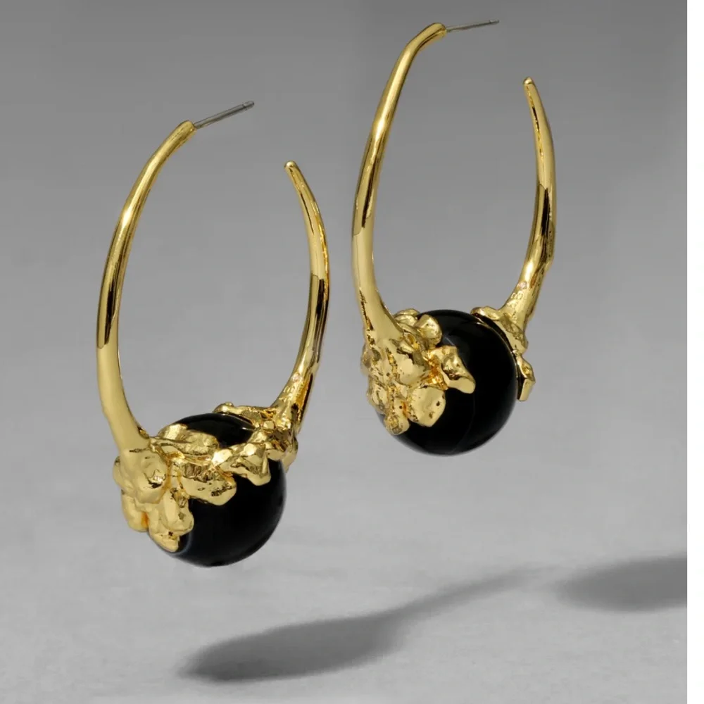 ALEXIS BITTAR • Brut Gold Capped Black Agate Hoop Earrings