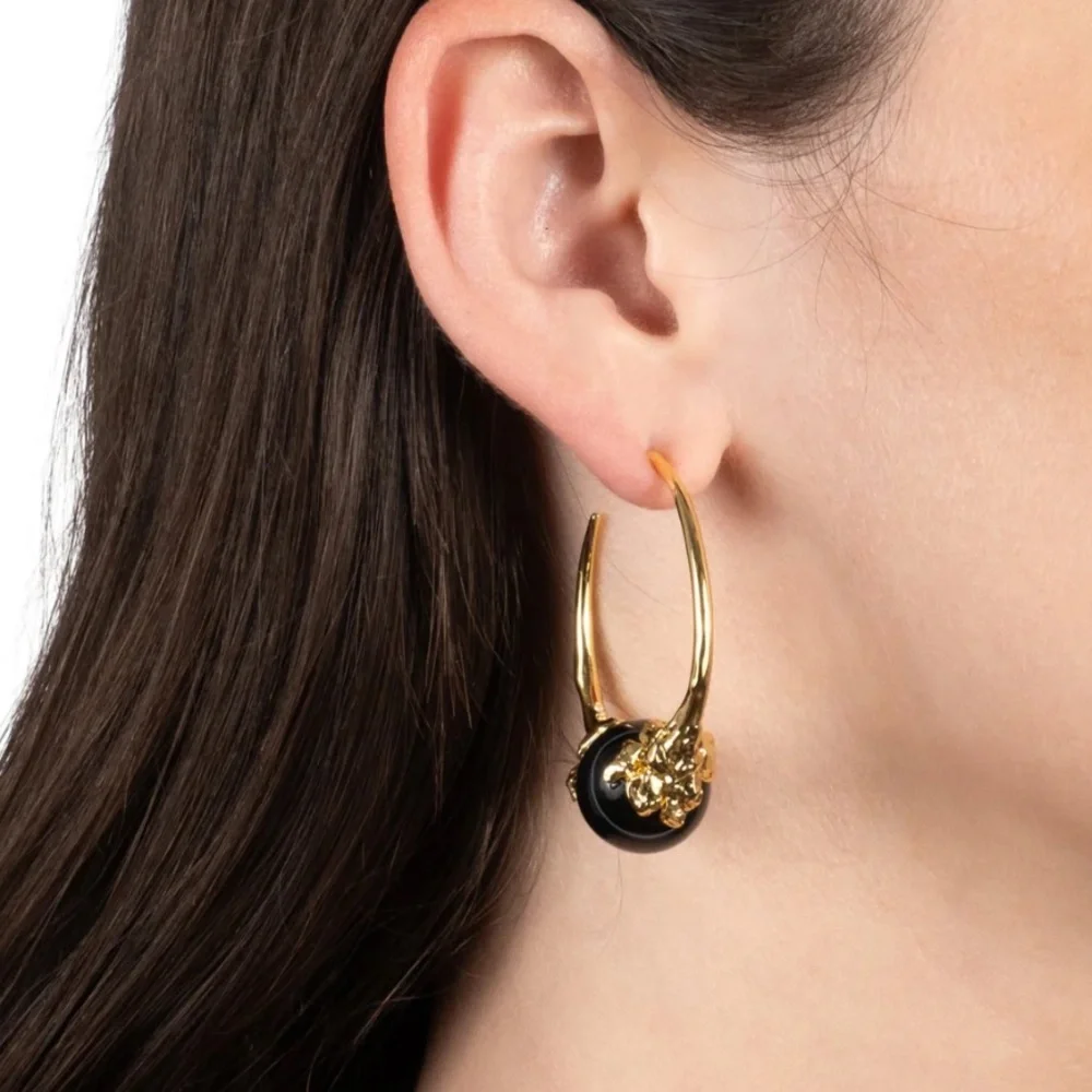 ALEXIS BITTAR • Brut Gold Capped Black Agate Hoop Earrings