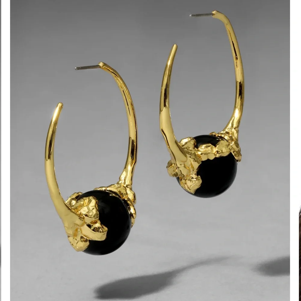 ALEXIS BITTAR • Brut Gold Capped Black Agate Hoop Earrings