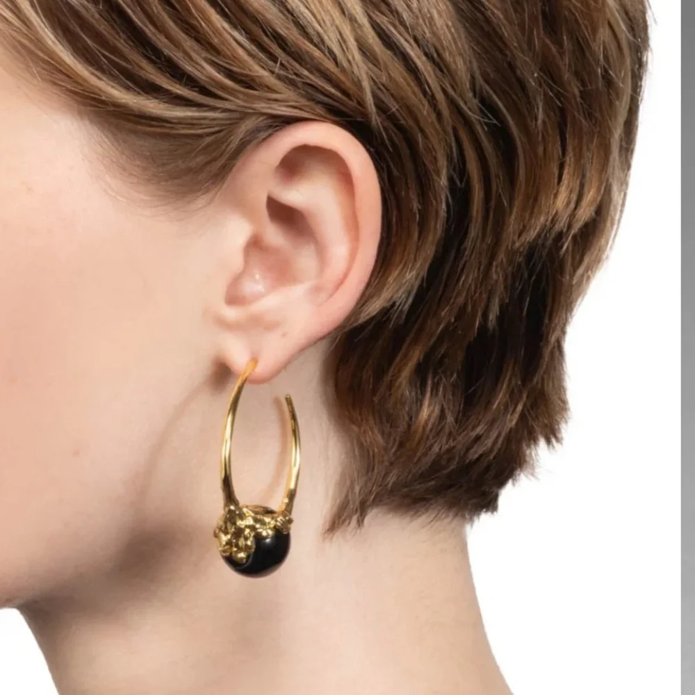 ALEXIS BITTAR • Brut Gold Capped Black Agate Hoop Earrings