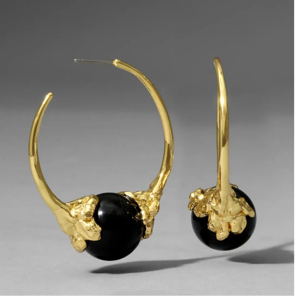 ALEXIS BITTAR • Brut Gold Capped Black Agate Hoop Earrings
