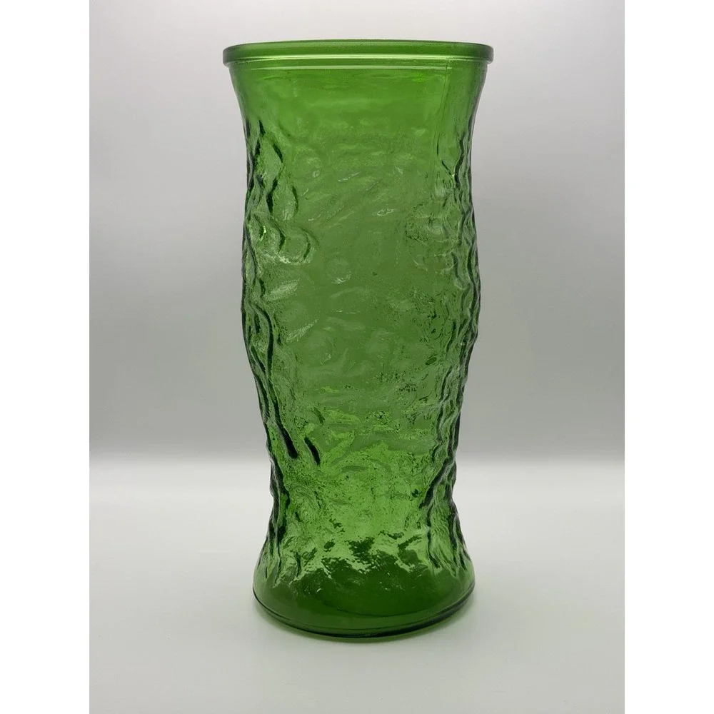 Vintage Art Glass Vase Green Lido Crinkle Tall Textured MCM 9.5