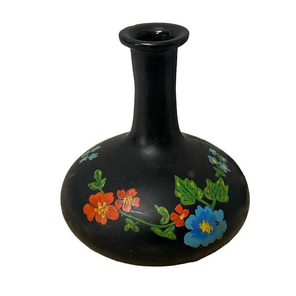 Folk Art Vase Handpainted Glass Black Floral 6
