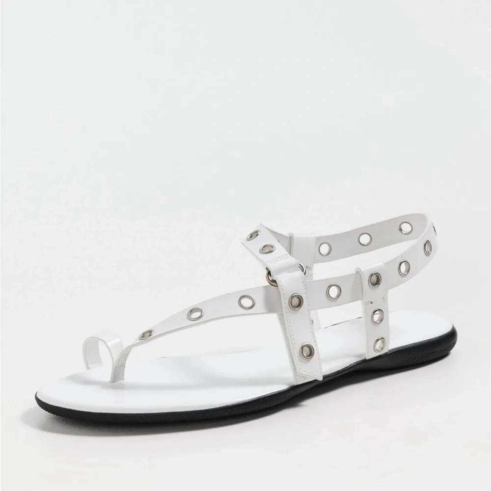 Tory Burch White Leather Sandals Silver Eyelet Toe Ring Flat 8.5 NWT