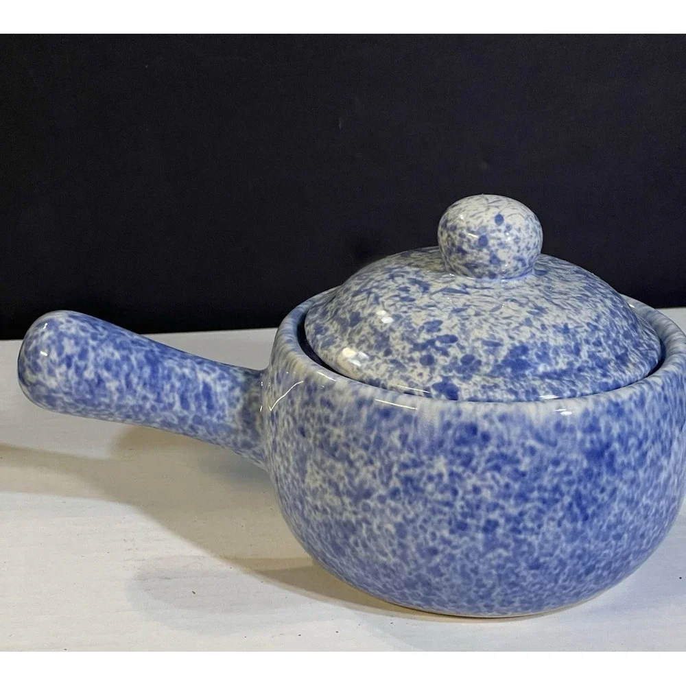 Vintage Blue Speckled Stoneware‎ Soup Pot With Lid & Handle 4.5T x 7.5L (2081)