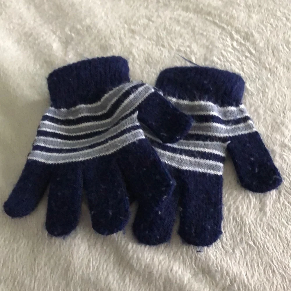Blue & Gray striped toddler knit gloves