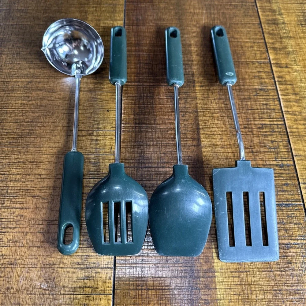 Vtg Hunter Green Cooking Utensils Country Cabin Grannycore 4pc