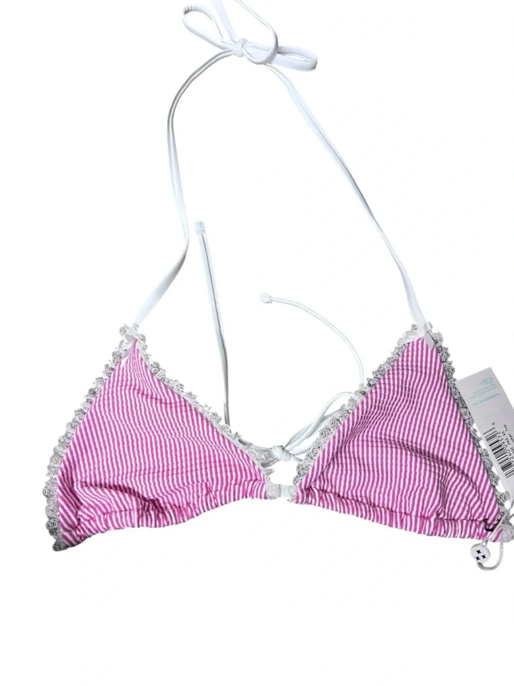 New Frankies Bikinis Pink Seersucker Triangle Bikini Top with White Ruffle Trim