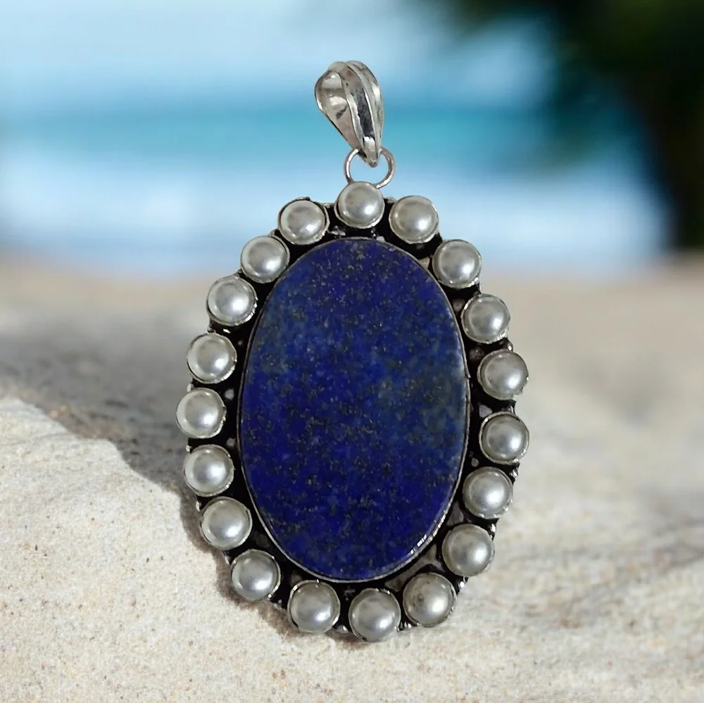 BLUE LAPIS AND PEARL STATEMENT PENDANT SILVER PLATED