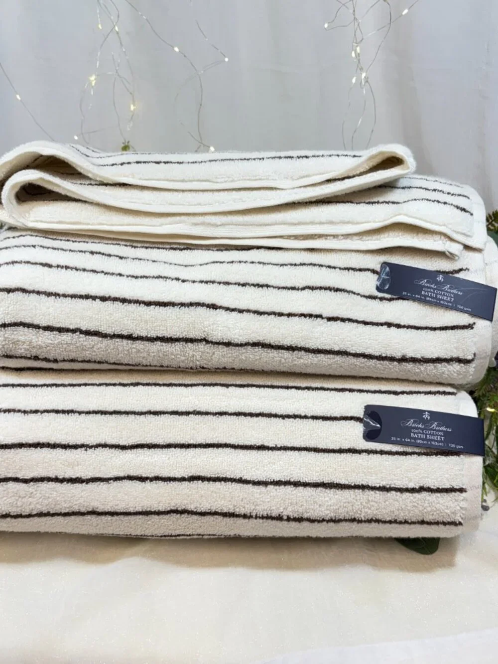 2 BROOKS BROTHERS Premium Turkish Bath Sheet Striped Ivory & Dark Brown 700 Gsm