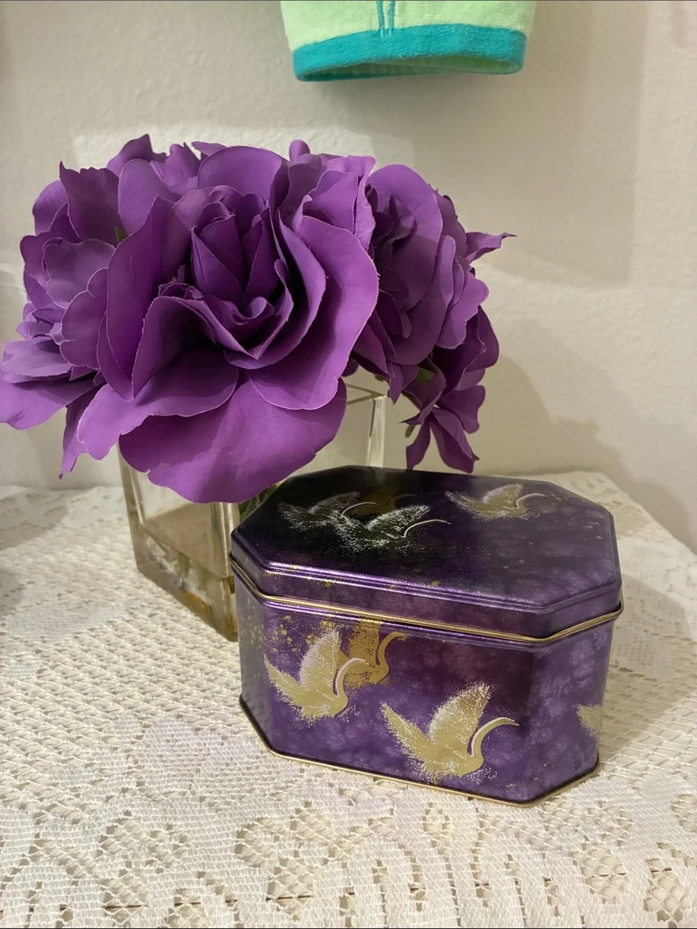 Purple Floral In Glass Container W/ Decorative Tin Box - Elegant Accent