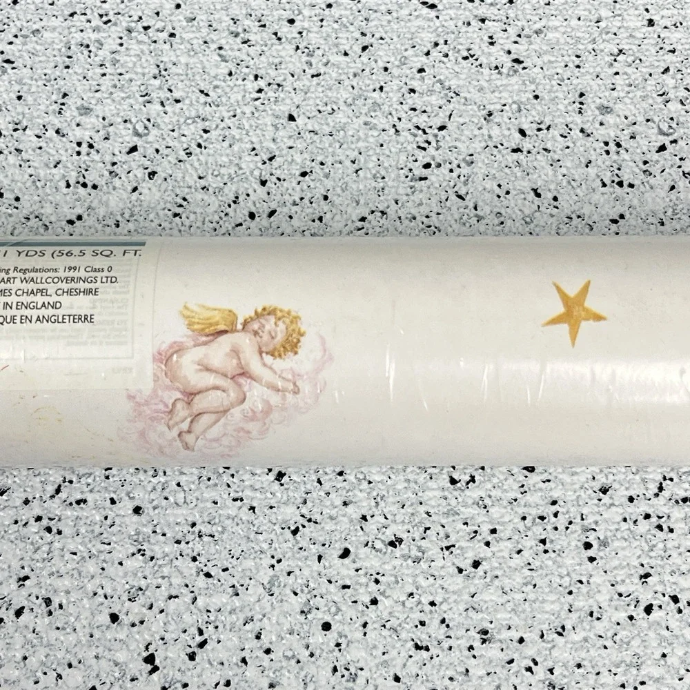 VTG 90s Fine Decor Ready Pasted‎ Vinyl Wallpaper Covering Celestial Cherub Star