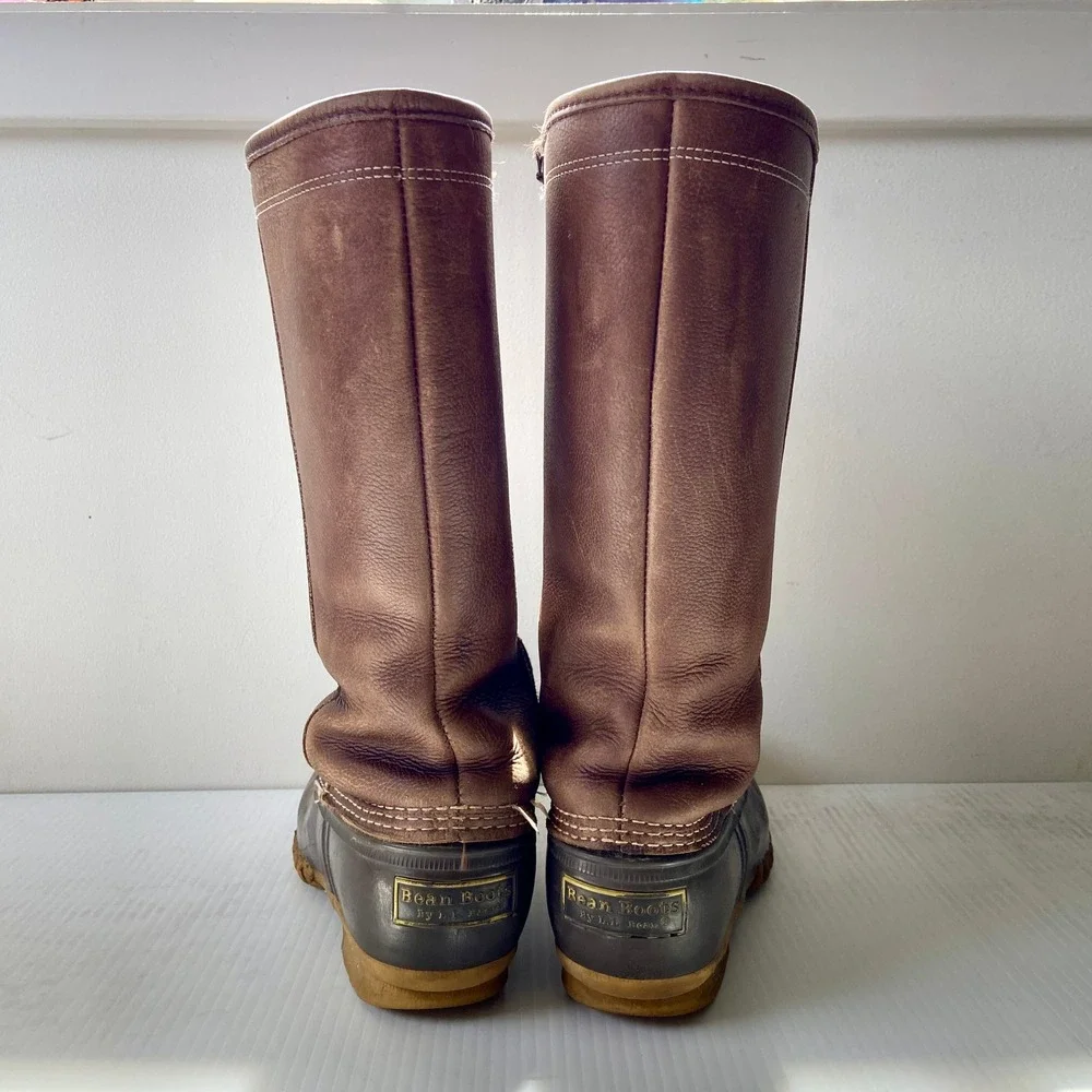 LL Bean Shearling Lined Tall Bean Boots Brown Leather Rubber Side Zip Womens 9