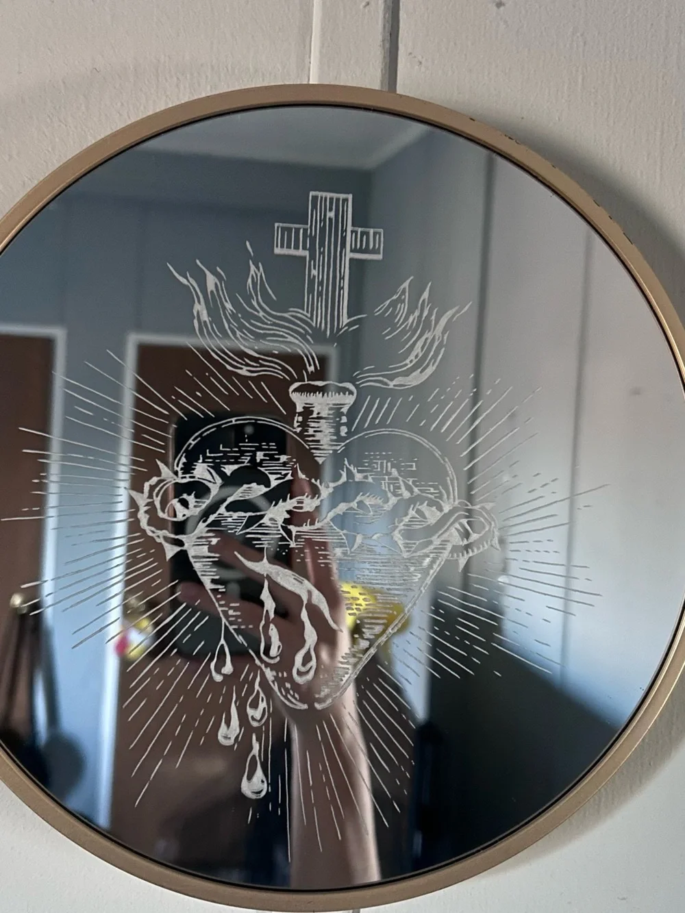 Etched Sacred Heart Glass Panel - White Etching