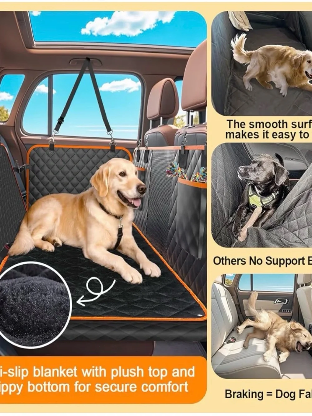 Quilted Black Dog Back Seat Protector with Orange Trim extra wide