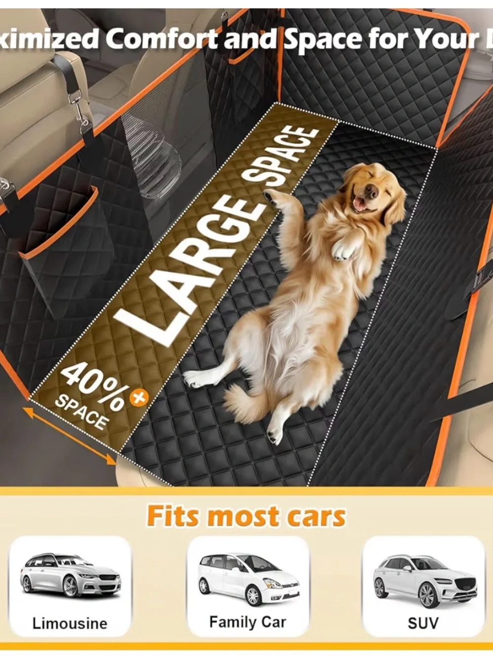 Quilted Black Dog Back Seat Protector with Orange Trim extra wide