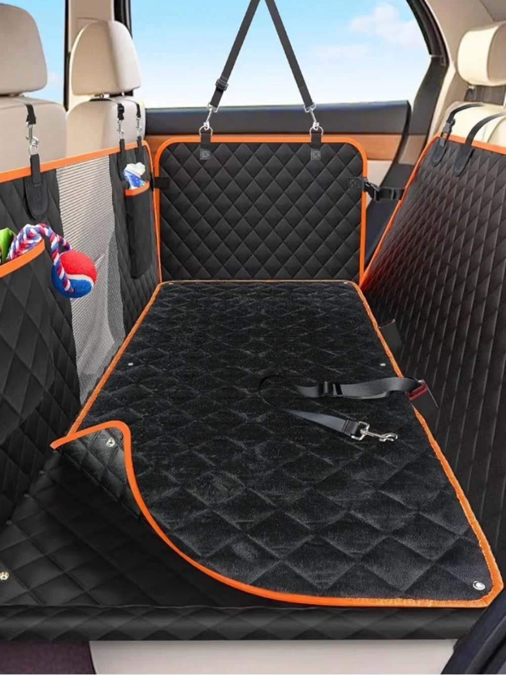 Quilted Black Dog Back Seat Protector with Orange Trim extra wide