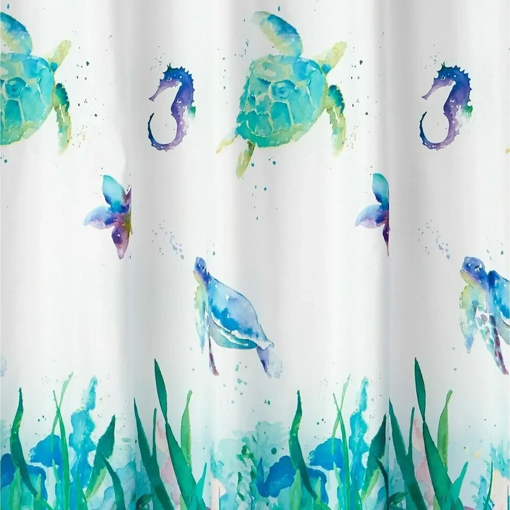 Sea Turtles Watercolor Fabric Shower Curtain Nautical Blue Green on White NEW