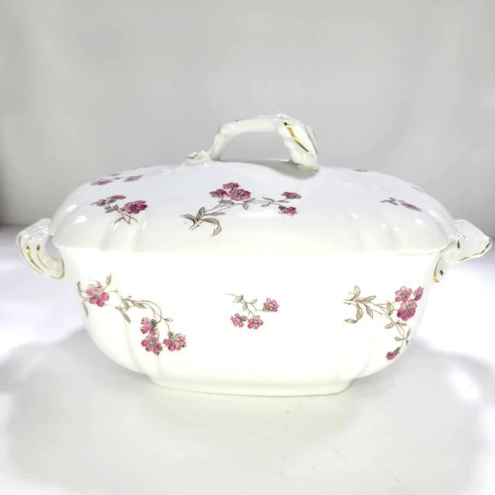 Antique A.K. Carlsbad Austria Tureen & Lid with Purple Flowers 1800s
