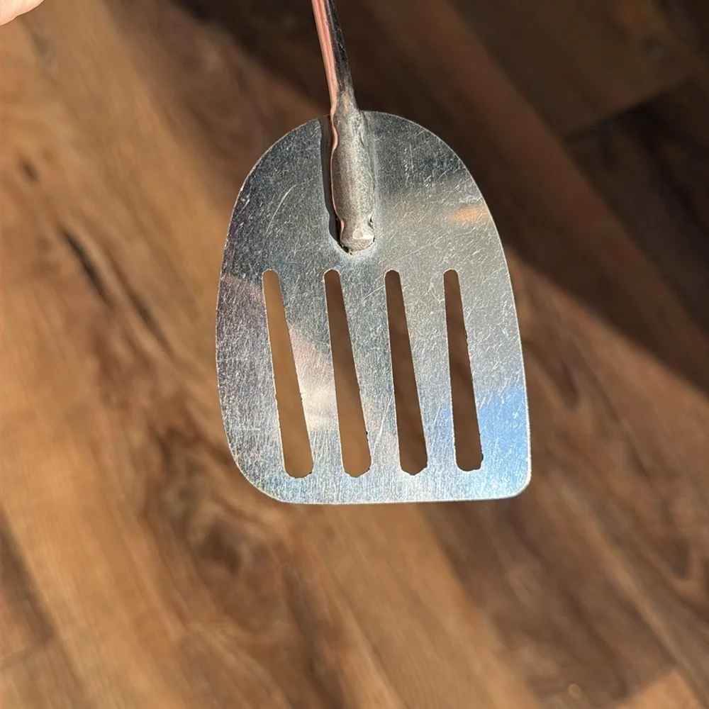 Vintage EKCO Short Handle Slotted Angled Spatula Wood Grip Chromium Plated