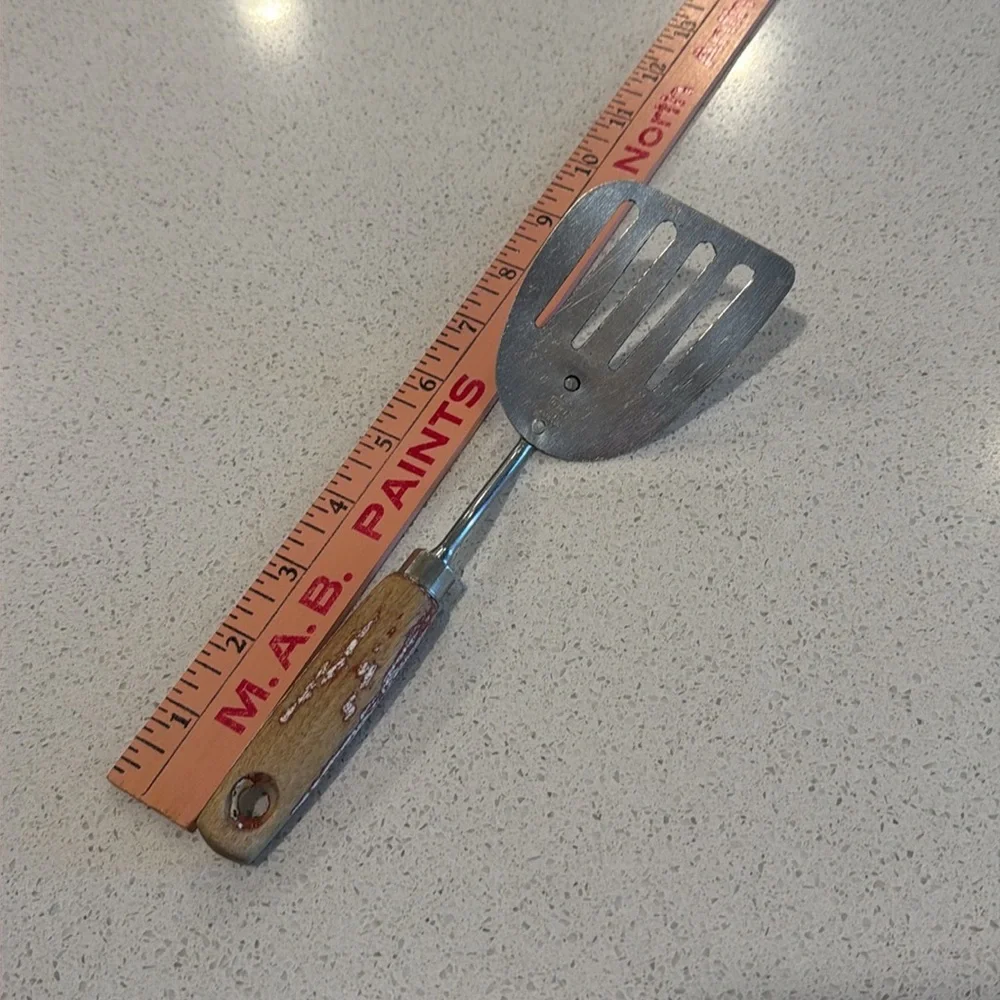Vintage EKCO Short Handle Slotted Angled Spatula Wood Grip Chromium Plated