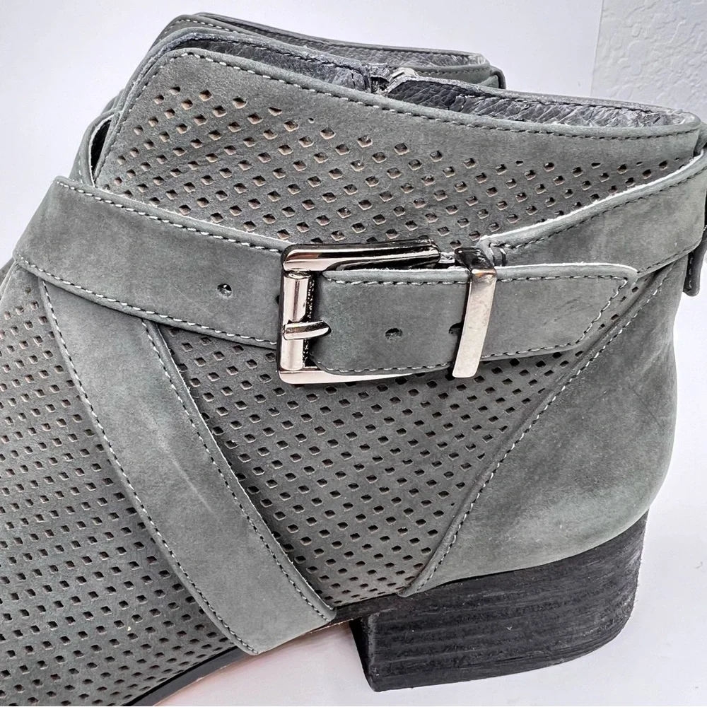 Vince Camuto Casha Gray Perforated Suede Side Zip Buckled Accent Ankle Boot