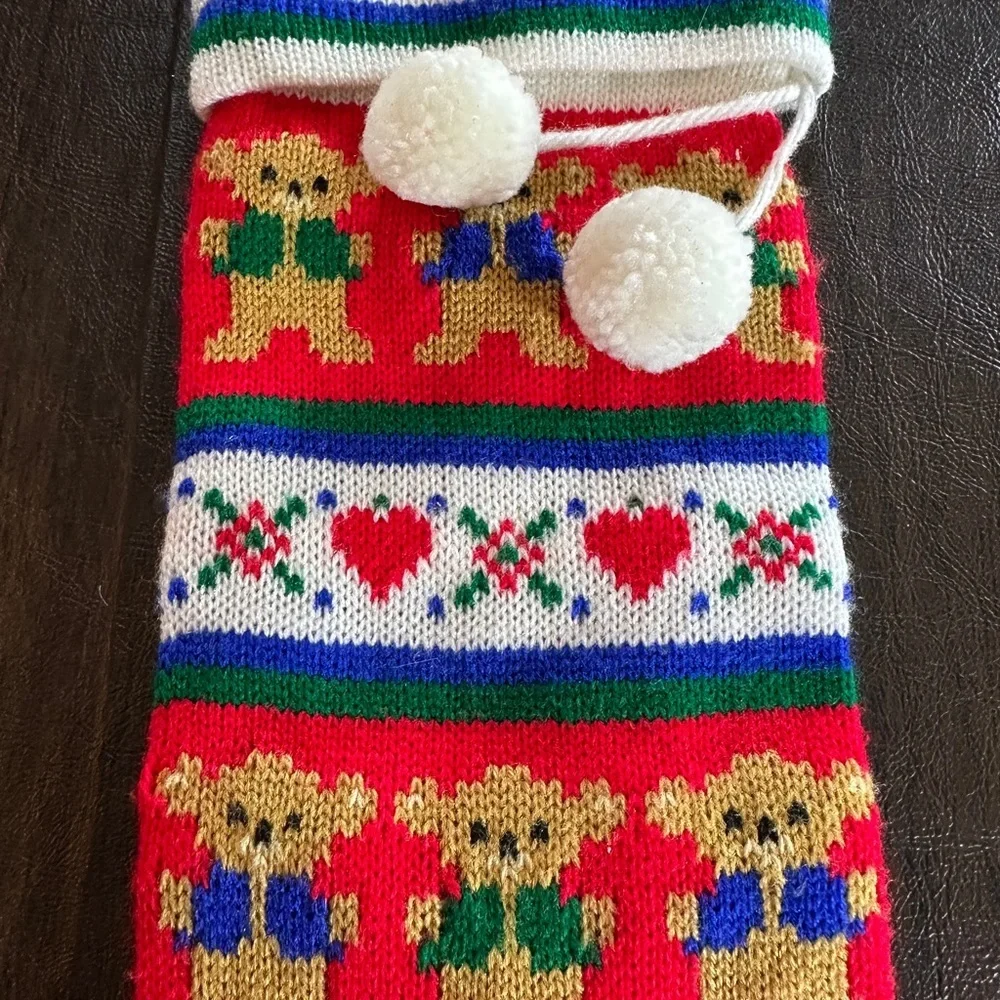 Festive VTG Knit Christmas Stockings - Teddy Bears and Rocking Horses.