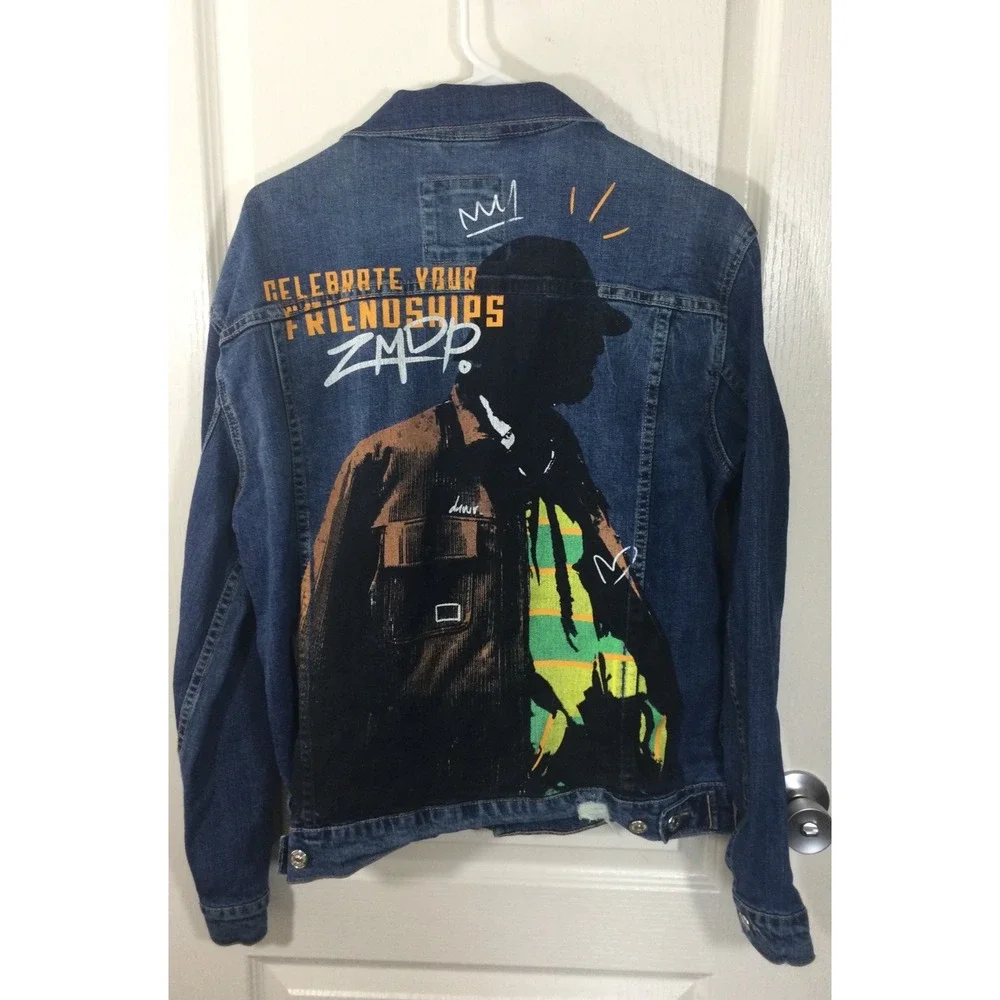 Zara Denim Jacket Mens M Trucker Bomber‎ Celebrate Your Friendships Distressed