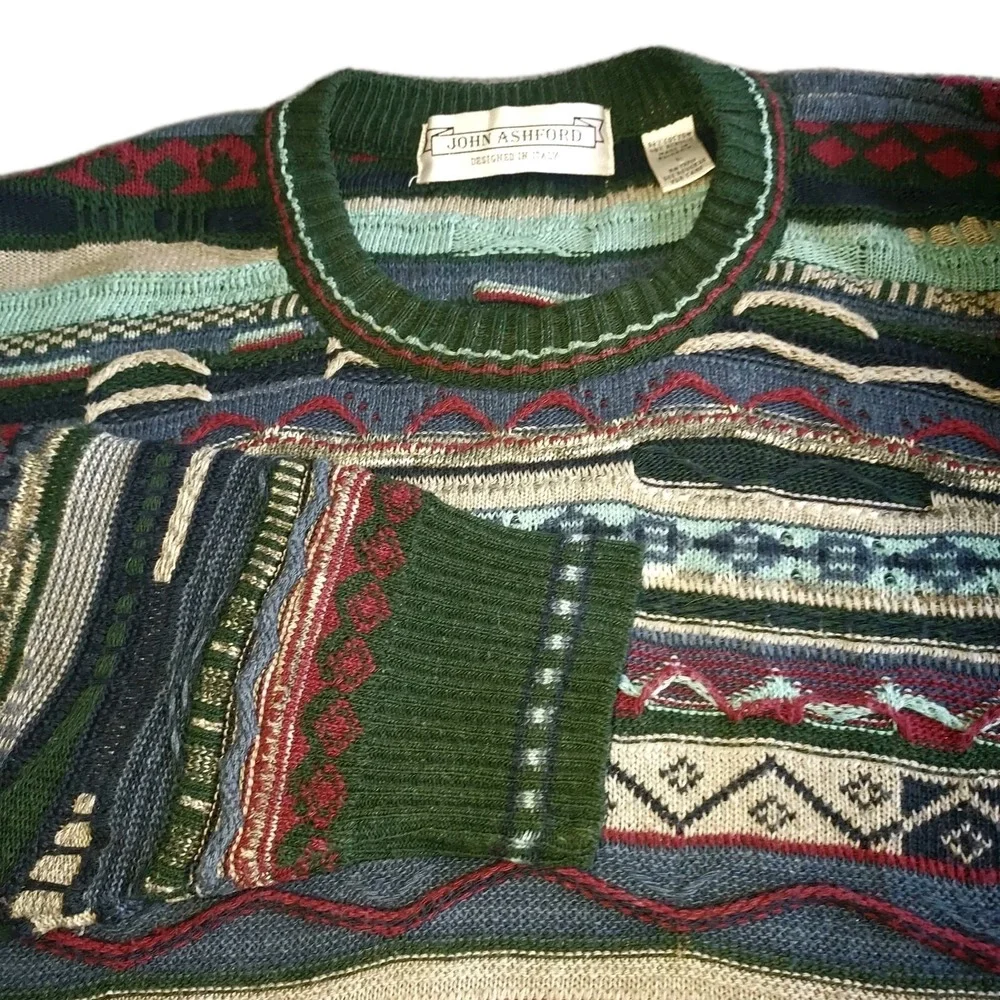 Vintage‎ Coogi Style 3D Knit Sweater Size Large John Ashford Rainbow Multicolor