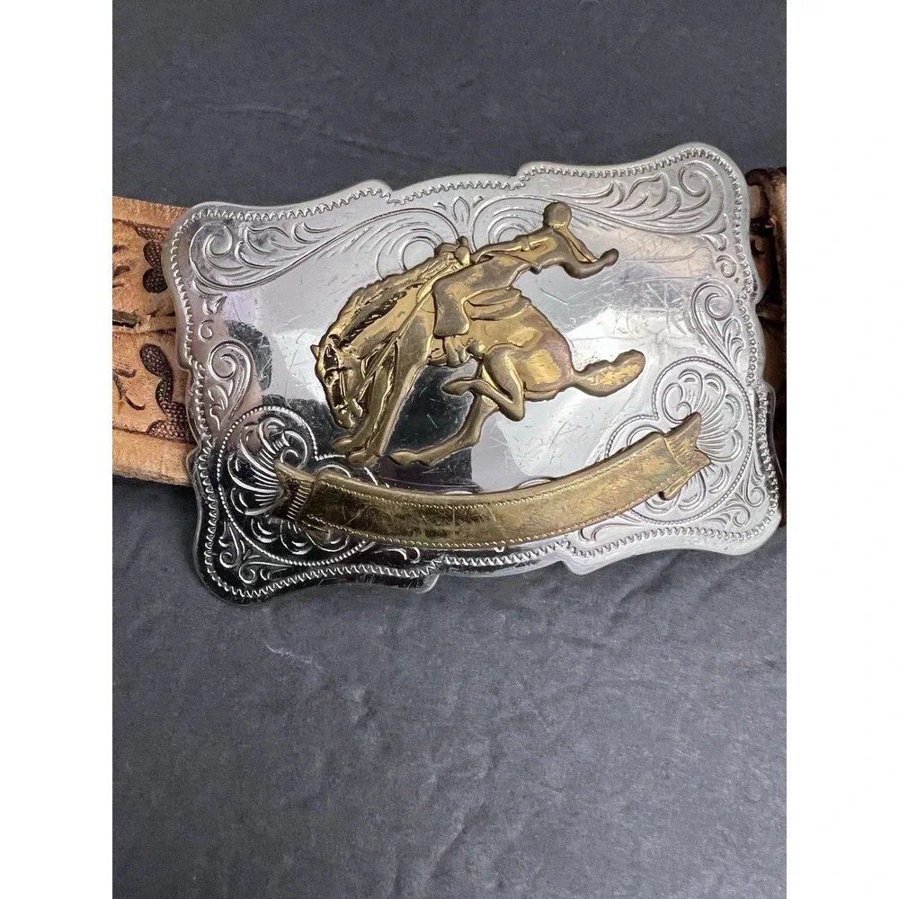 Vtg Western Tooled Leather Belt Sz 34 Nickle Silver Buckle Bronco Rodeo Cowboy