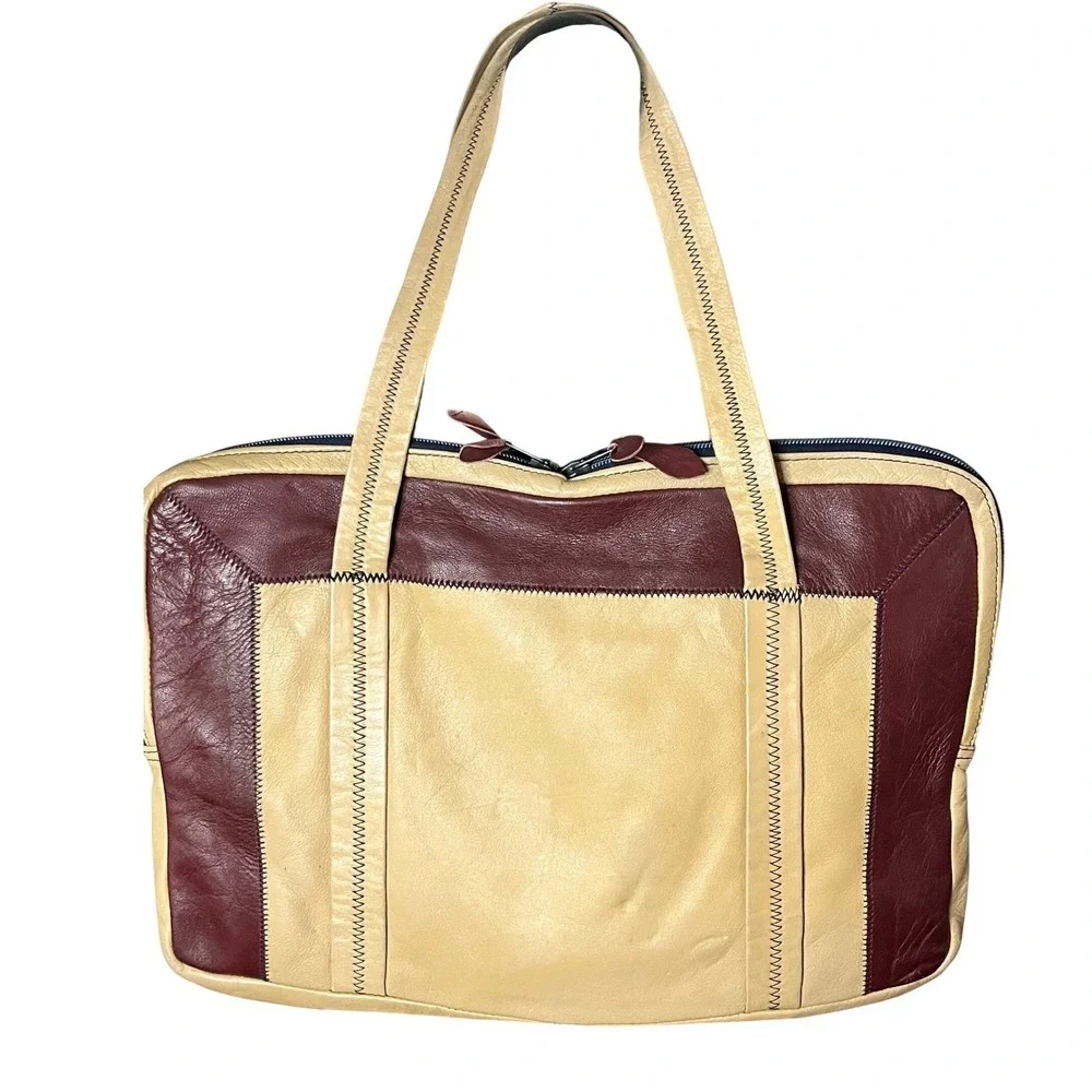 Vtg Patchwork Leather Carnit Israel Briefcase Bag Tote Kilim Southwest inspired