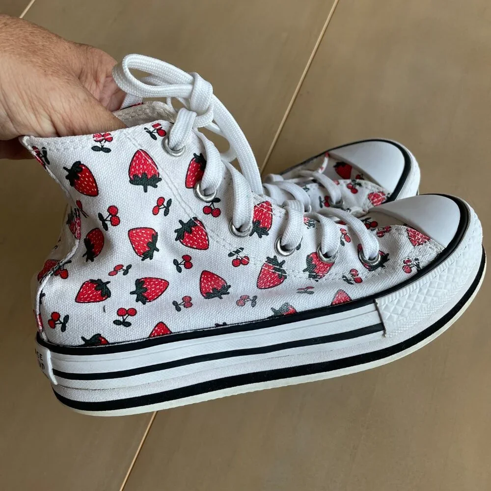 Converse Chuck Taylor All Star Lift Hi Sneakers, White & Red Strawberry - Sz 13