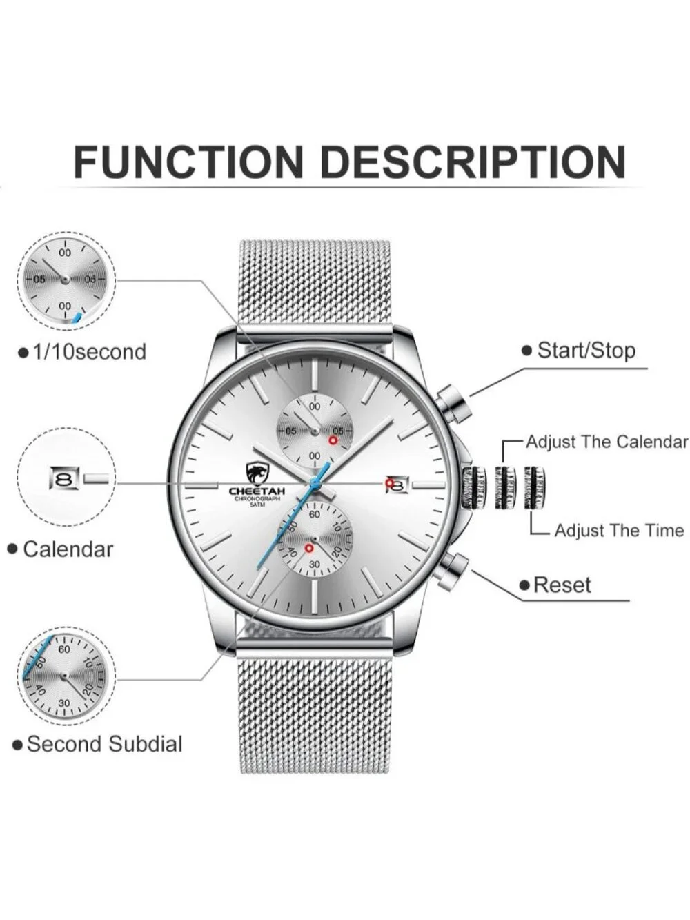 Men's Silver Quartz Analog Mesh Strap Stainless Steel Chronograph Round Watch