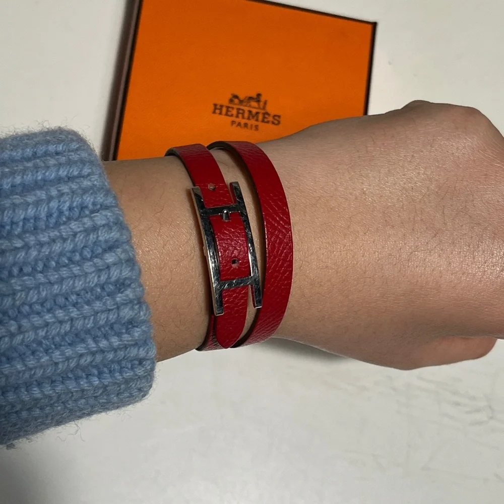 Hermes Burgundy Leather Belt with Silver Buckle