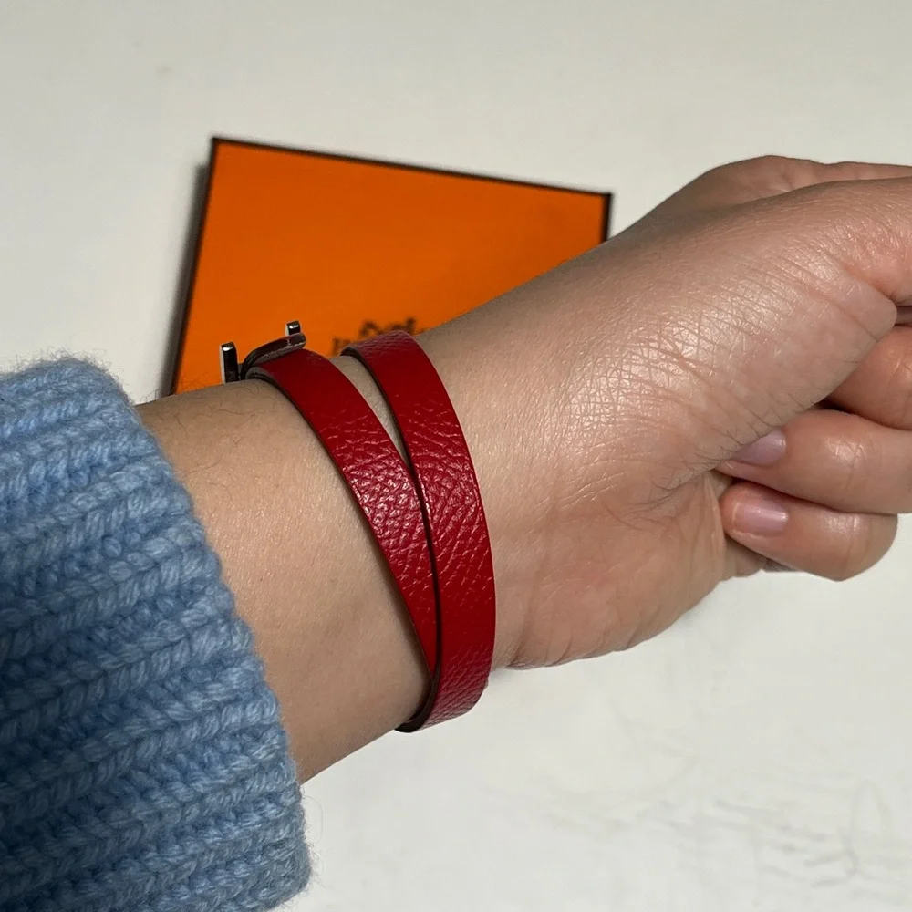 Hermes Burgundy Leather Belt with Silver Buckle