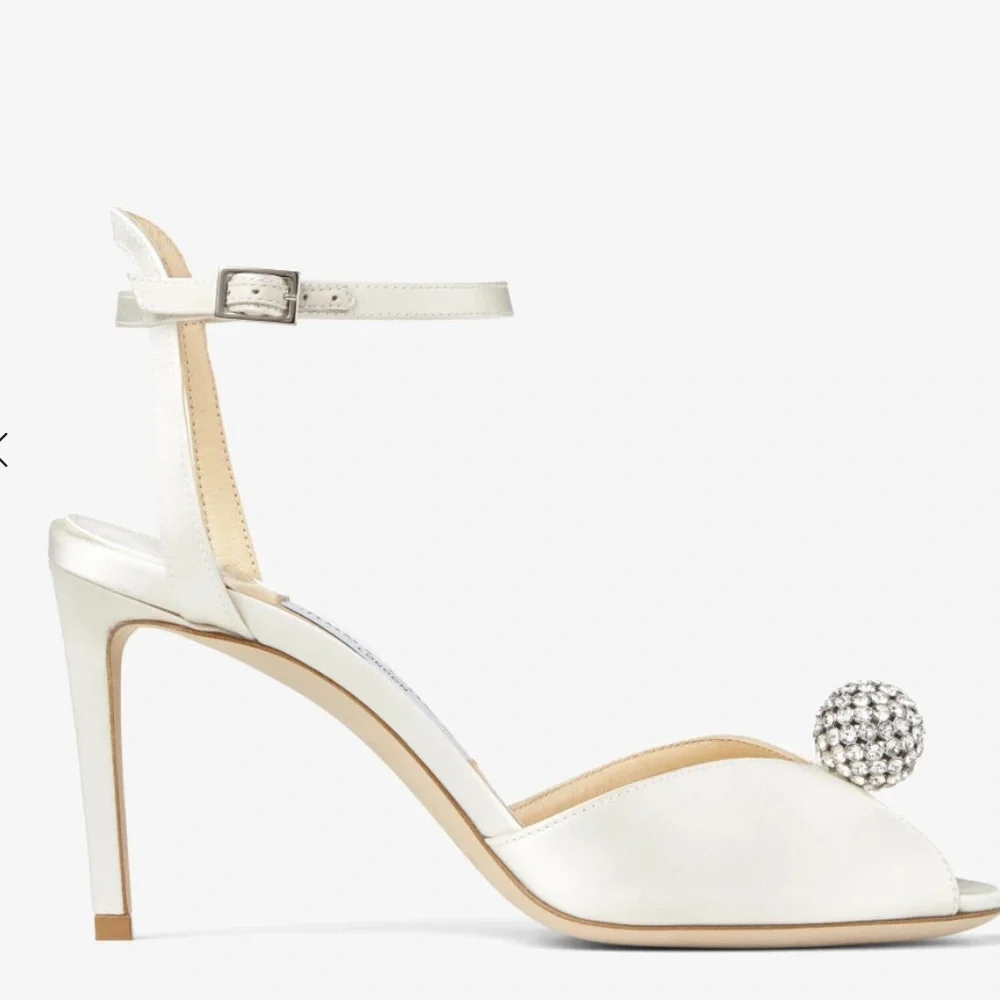 Sacora 85 Ivory Satin Sandals with Crystal-Embellished Sphere