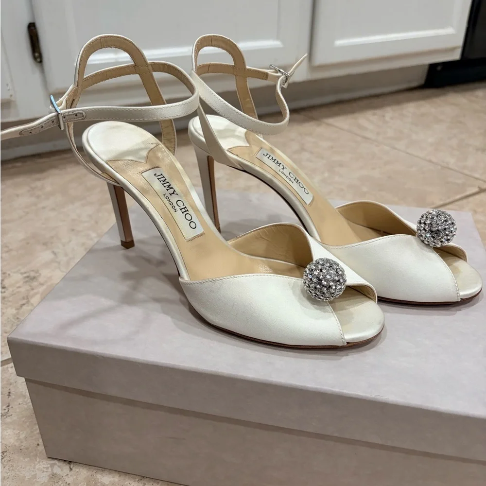 Sacora 85 Ivory Satin Sandals with Crystal-Embellished Sphere