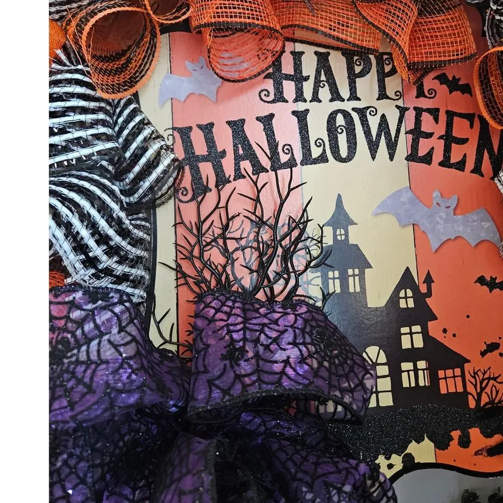 Handmade Halloween Wreath Orange Black Purple 30x7 Deco Mesh