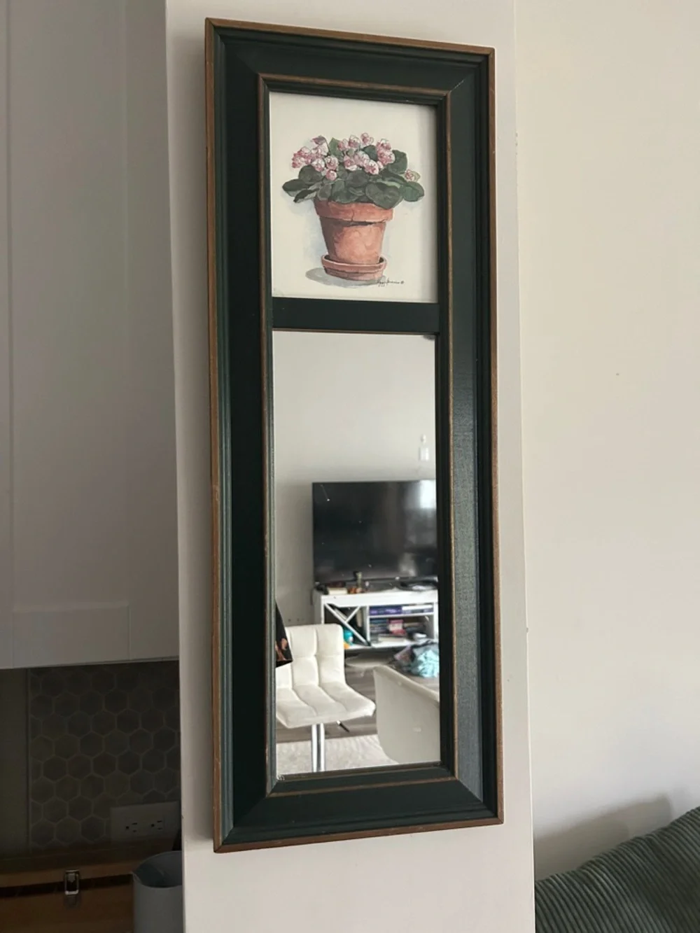 Framed Wall Mirror with Floral Accent - Black and Gold Trim