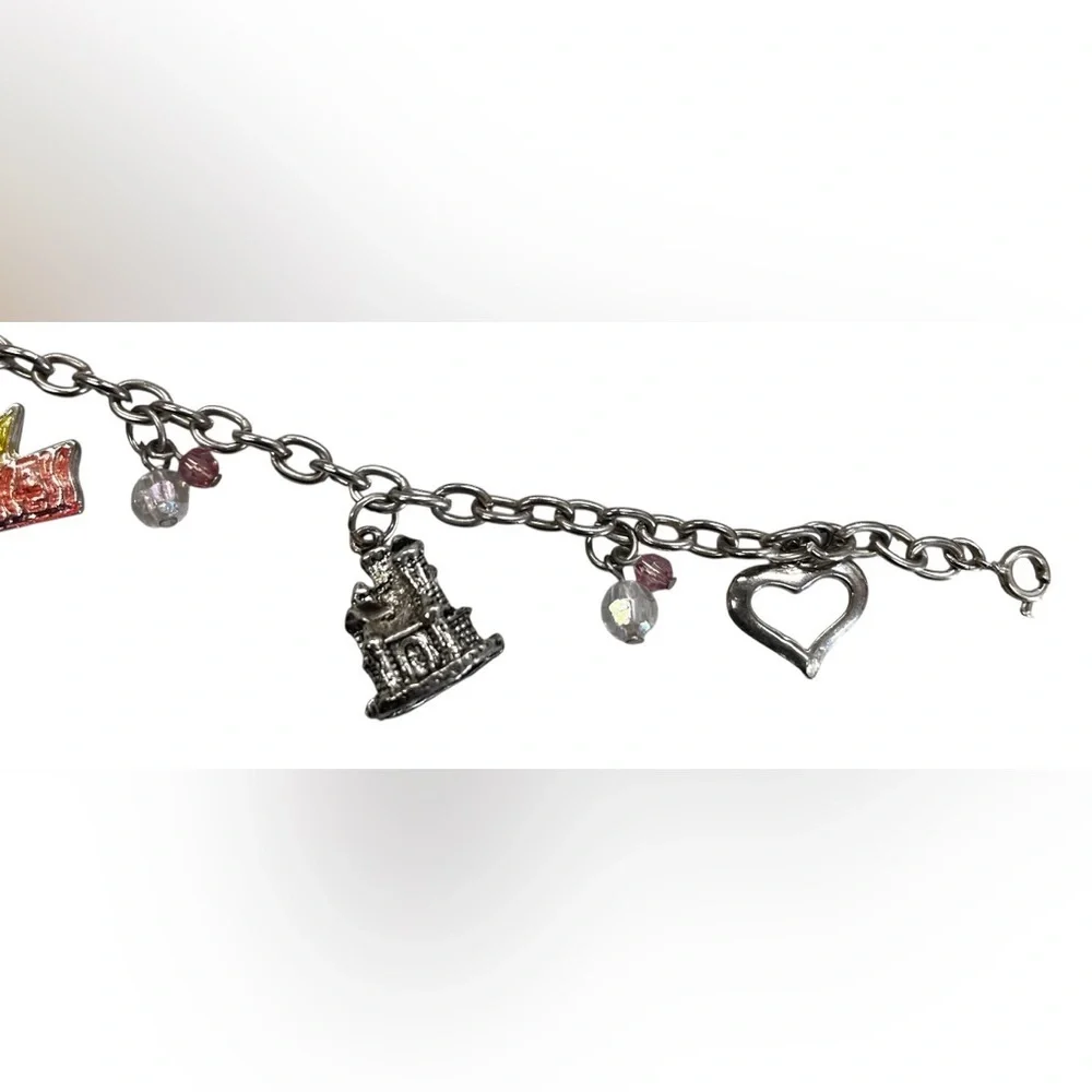 Vintage Child Princess Charm Bracelet Princess, Castle, Crown and Heart 7”